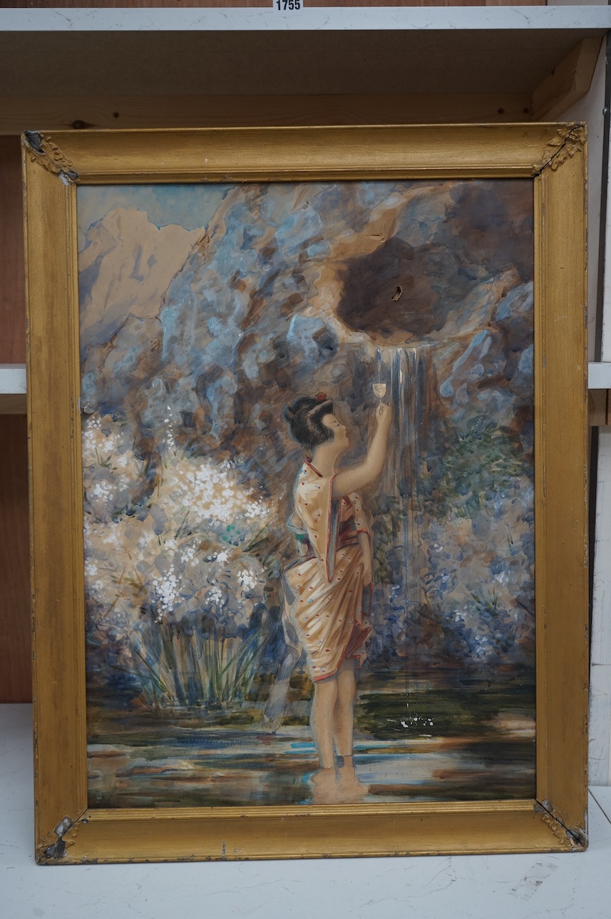 Japanese School, heightened watercolour, Study of a woman and waterfall, unsigned, 61 x 44cm, unframed. Condition - poor to fair